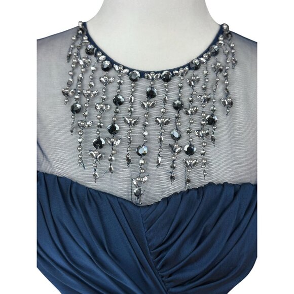 Adrianna Papell Blue Beaded Illusion Neck Tiered Chiffon Gown 4 Elegant Bodice - Picture 3 of 16